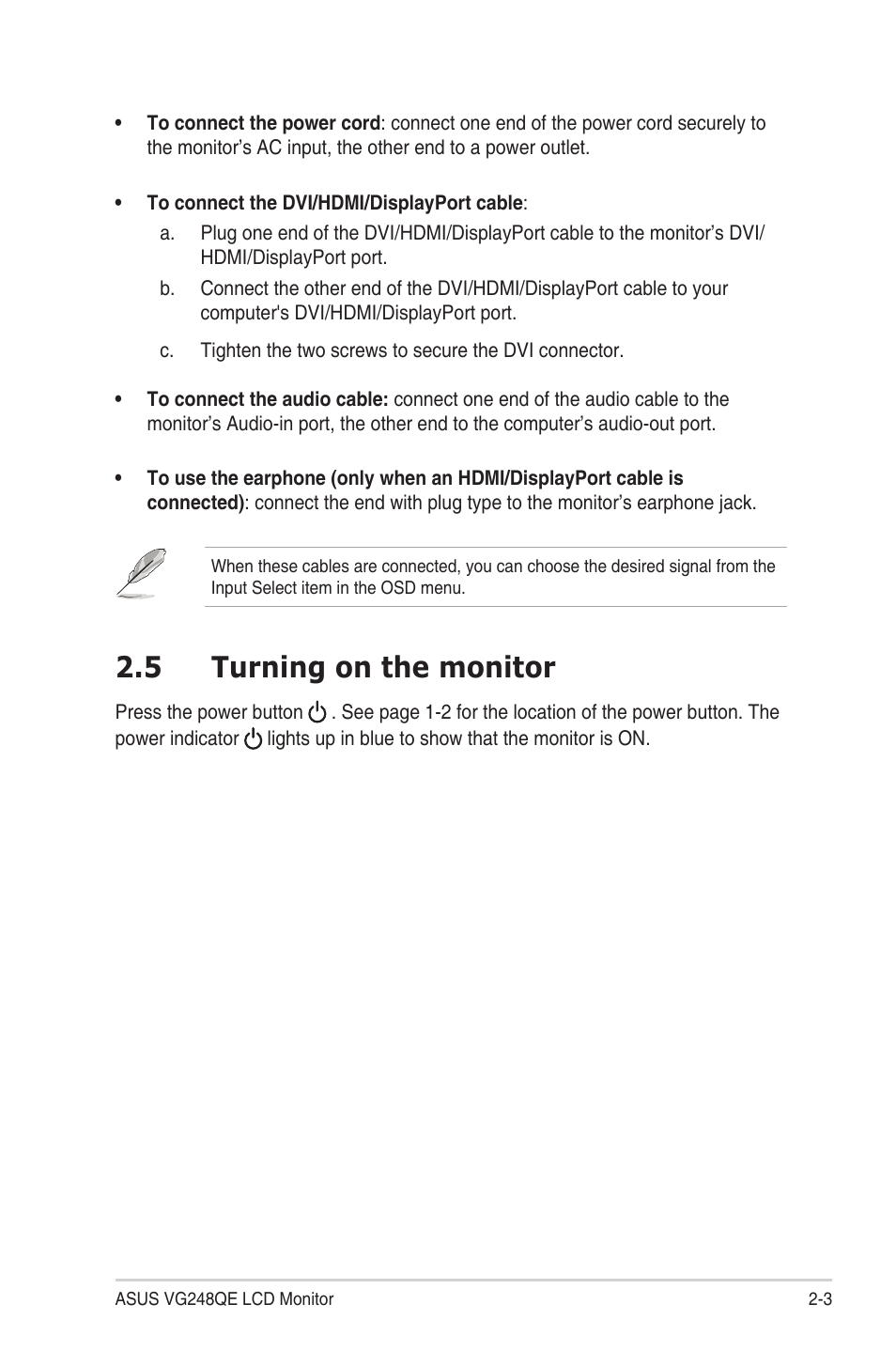 5 turning on the monitor, Turning on the monitor -3 | Asus VG248QE User Manual | Page 15 / 25