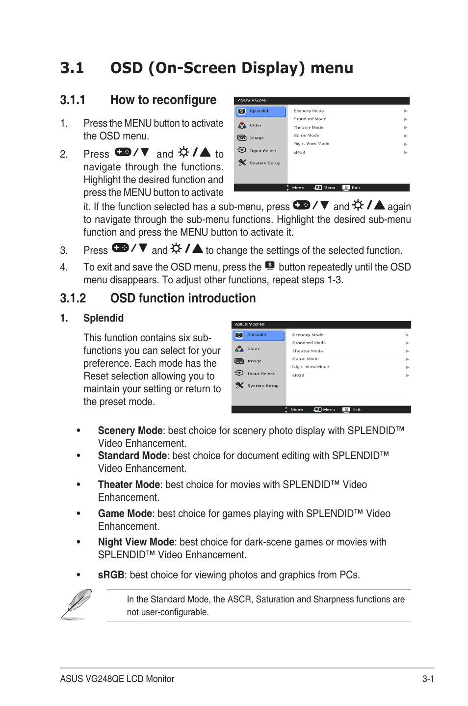 Chapter 3: general instructions, 1 osd (on-screen display) menu, 1 how to reconfigure | 2 osd function introduction, Osd (on-screen display) menu -1 3.1.1, How to reconfigure -1, Osd function introduction -1 | Asus VG248QE User Manual | Page 17 / 25