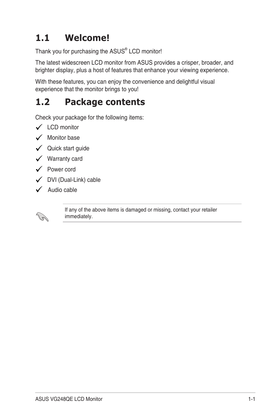 Chapter 1: product introduction, 1 welcome, 2 package contents | Welcome! -1, Package contents -1 | Asus VG248QE User Manual | Page 9 / 25