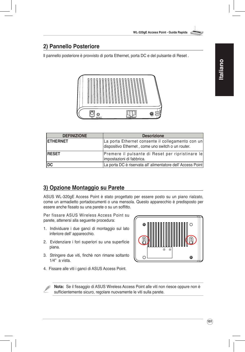 Italiano 3) opzione montaggio su parete, 2) pannello posteriore | Asus WL-320gE User Manual | Page 102 / 172