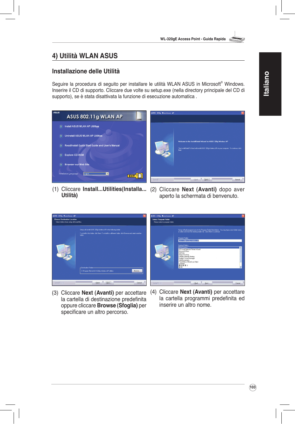 4) utilità wlan asus, Italiano 4) utilità wlan asus | Asus WL-320gE User Manual | Page 104 / 172