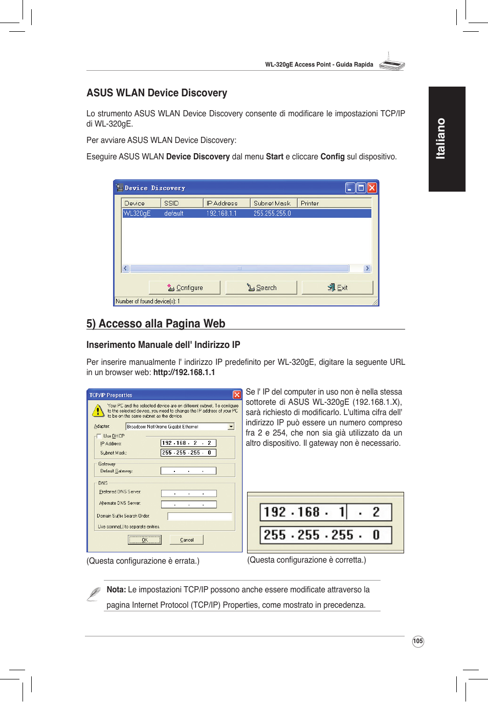 Italiano, 5) accesso alla pagina web | Asus WL-320gE User Manual | Page 106 / 172