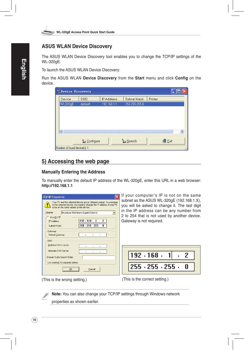 English, 5) accessing the web page, Asus wlan device discovery | Asus WL-320gE User Manual | Page 11 / 172