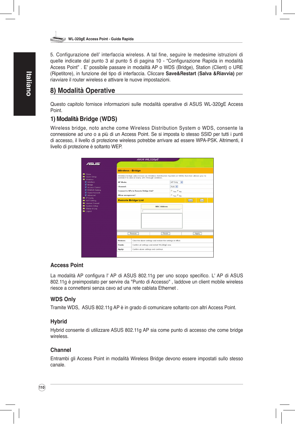 Italiano, 8) modalità operati�e | Asus WL-320gE User Manual | Page 111 / 172