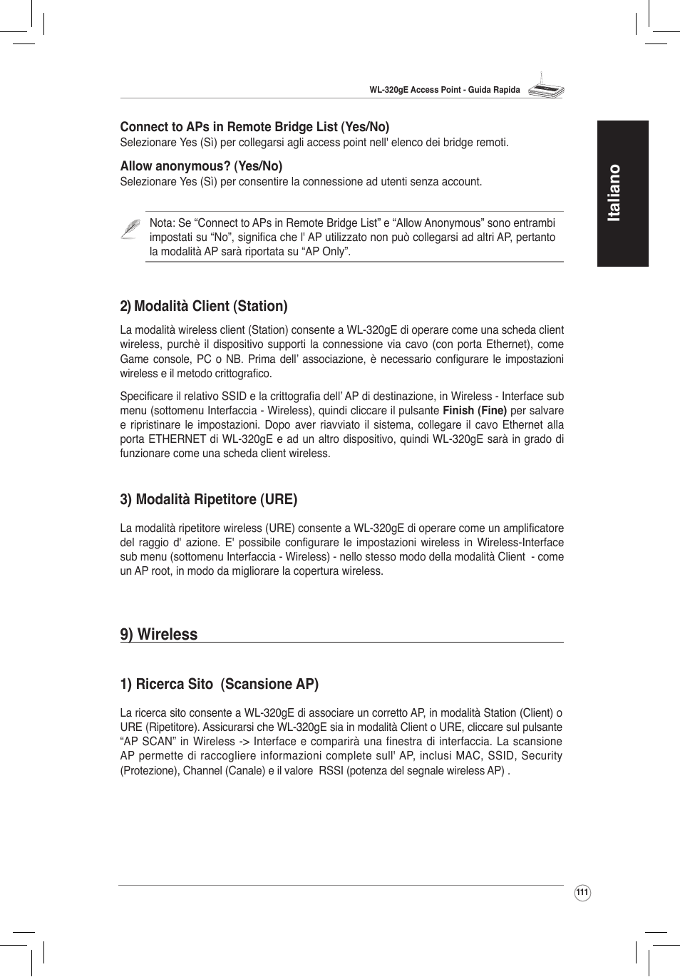 Italiano, 9) wireless | Asus WL-320gE User Manual | Page 112 / 172