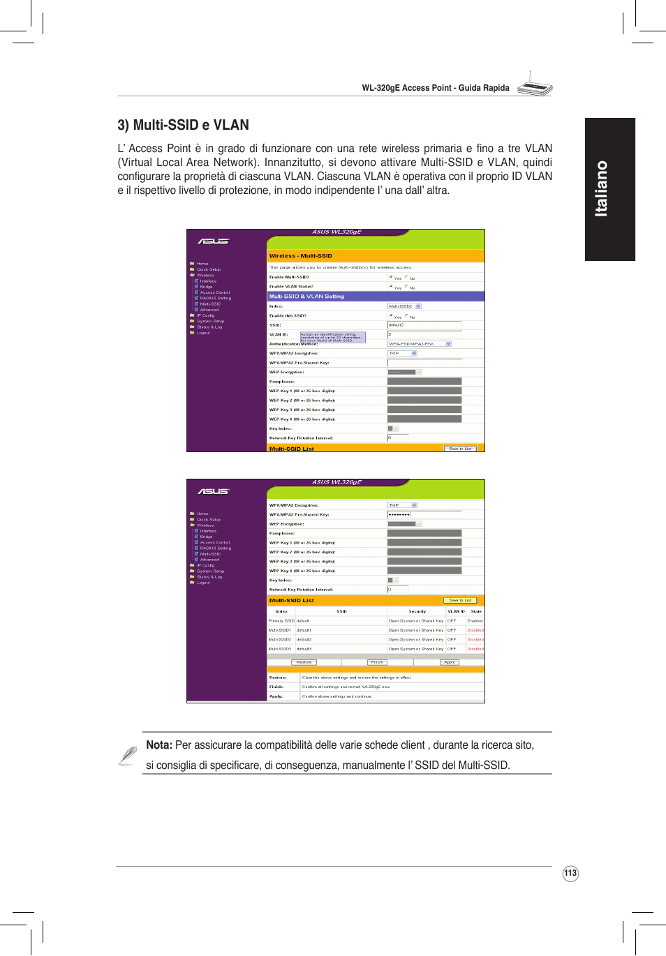 Italiano, 3) multi-ssid e vlan | Asus WL-320gE User Manual | Page 114 / 172