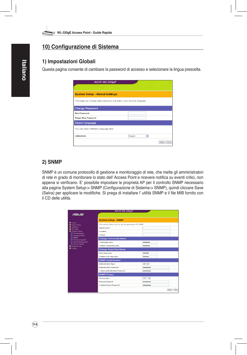 Italiano 10) configurazione di sistema | Asus WL-320gE User Manual | Page 115 / 172