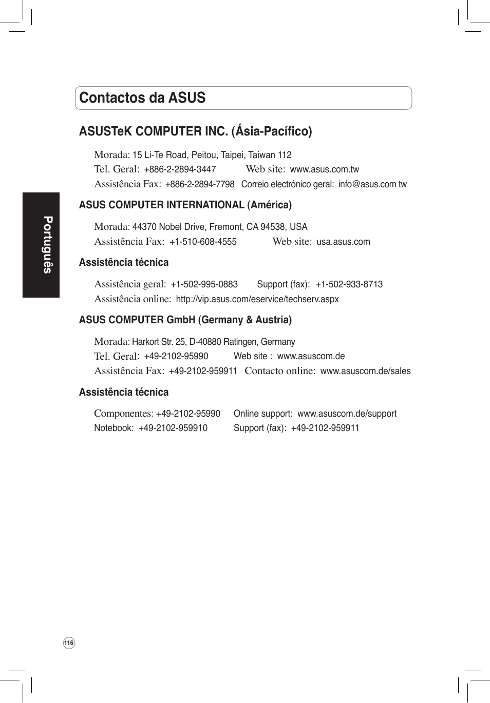 Contactos da asus, Asustek computer inc. (ásia-pacífico), Português | Asus WL-320gE User Manual | Page 117 / 172