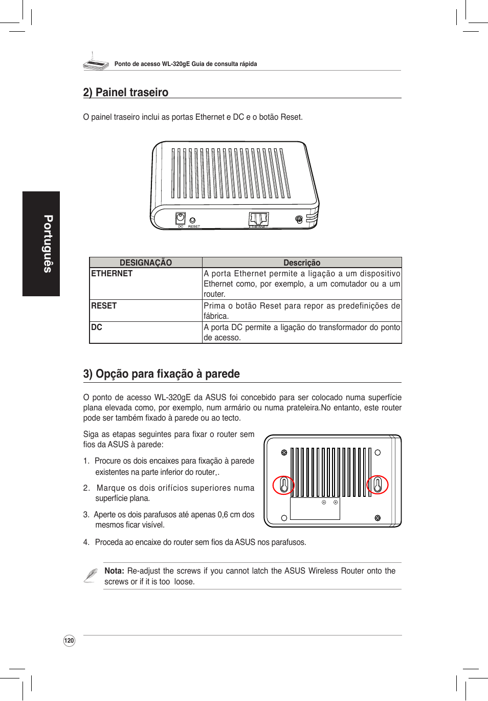 Português 3) opção para fixação à parede, 2) painel traseiro | Asus WL-320gE User Manual | Page 121 / 172