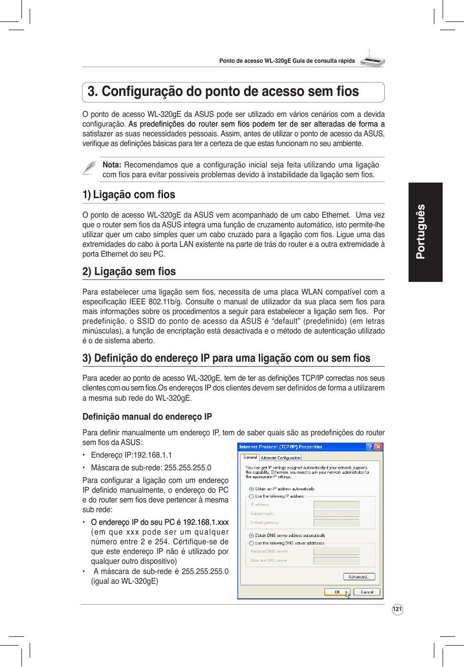 Configuração do ponto de acesso sem fios, 1) ligação com fios, 2) ligação sem fios | Configuração rápida no modo de gateway, Português | Asus WL-320gE User Manual | Page 122 / 172