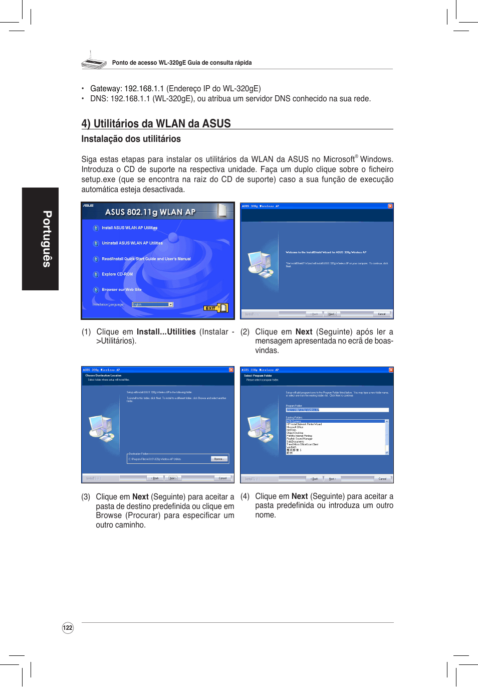 4) utilitários da wlan da asus, Português, Asus | Utilitários da wlan da | Asus WL-320gE User Manual | Page 123 / 172