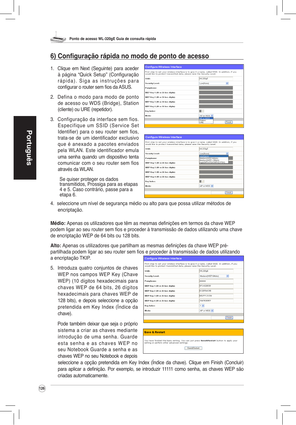 Português, 6) configuração rápida no modo de ponto de acesso | Asus WL-320gE User Manual | Page 127 / 172