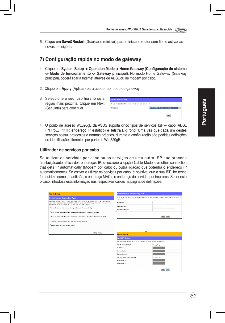 Português, 7) configuração rápida no modo de gateway | Asus WL-320gE User Manual | Page 128 / 172