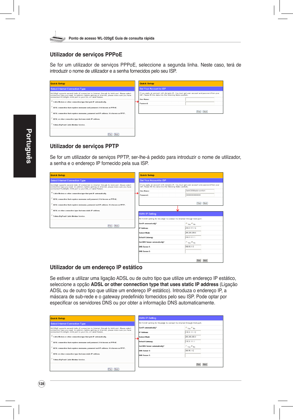 Português | Asus WL-320gE User Manual | Page 129 / 172