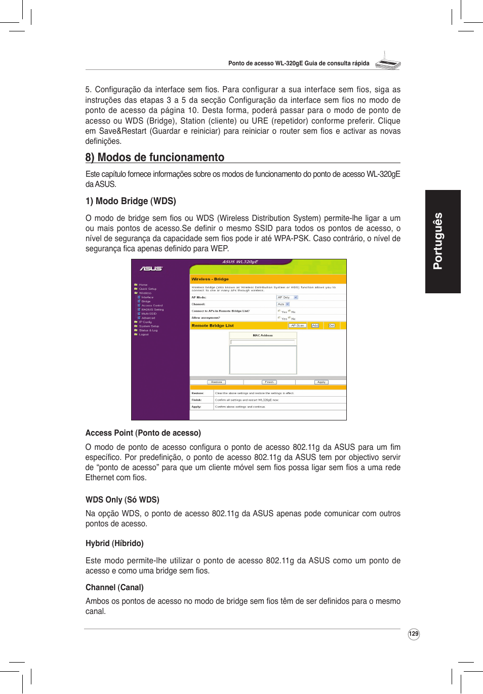 Português, Modos de funcionamento | Asus WL-320gE User Manual | Page 130 / 172