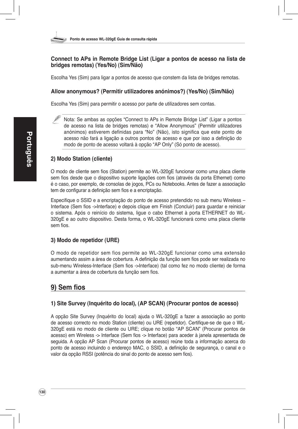 Português, 9) sem fios | Asus WL-320gE User Manual | Page 131 / 172