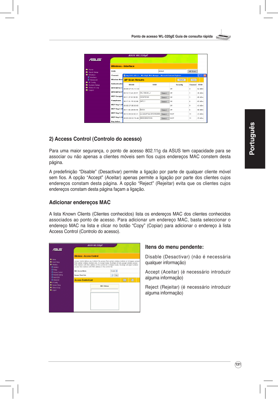 Português | Asus WL-320gE User Manual | Page 132 / 172