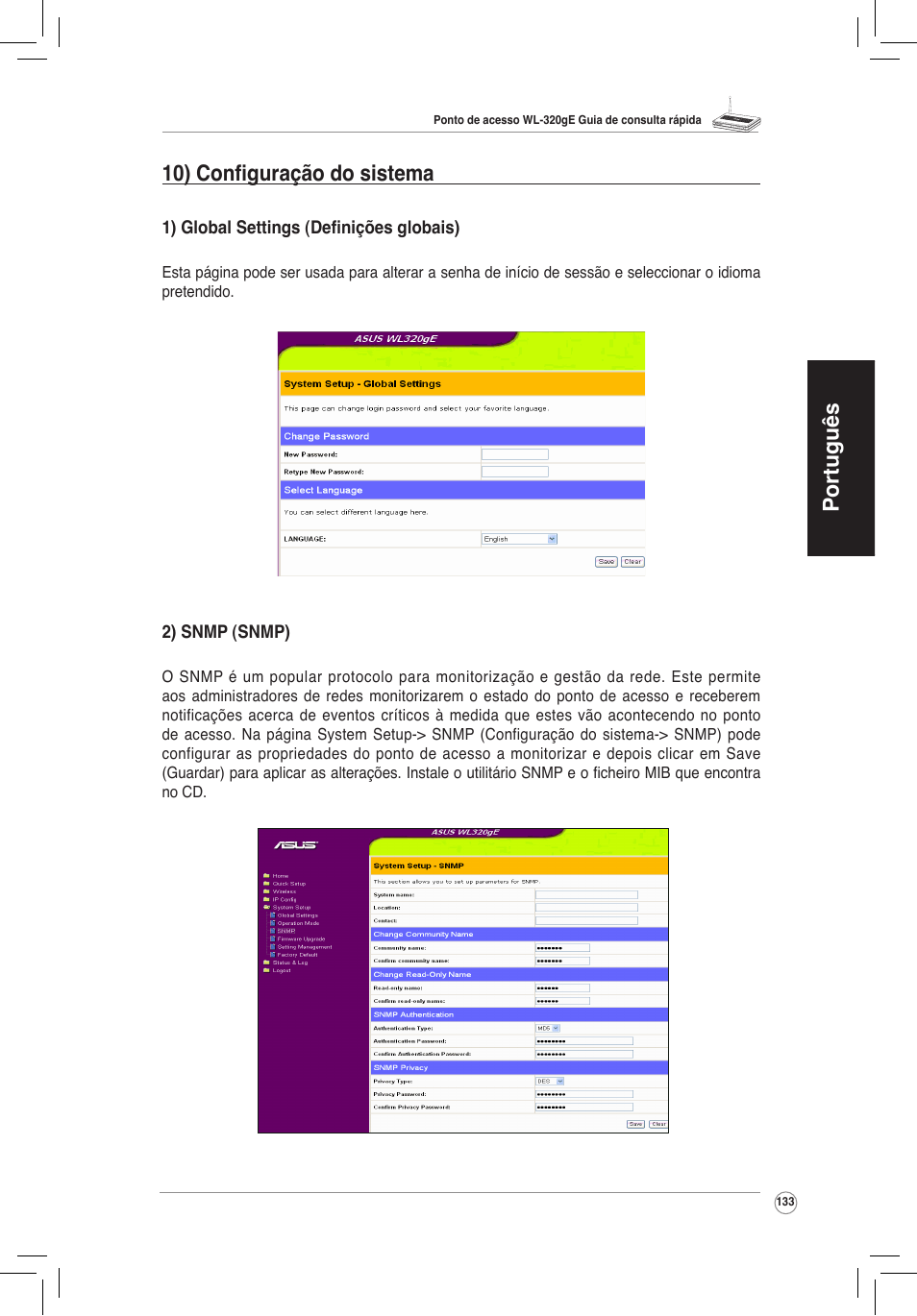 Português 10) configuração do sistema | Asus WL-320gE User Manual | Page 134 / 172