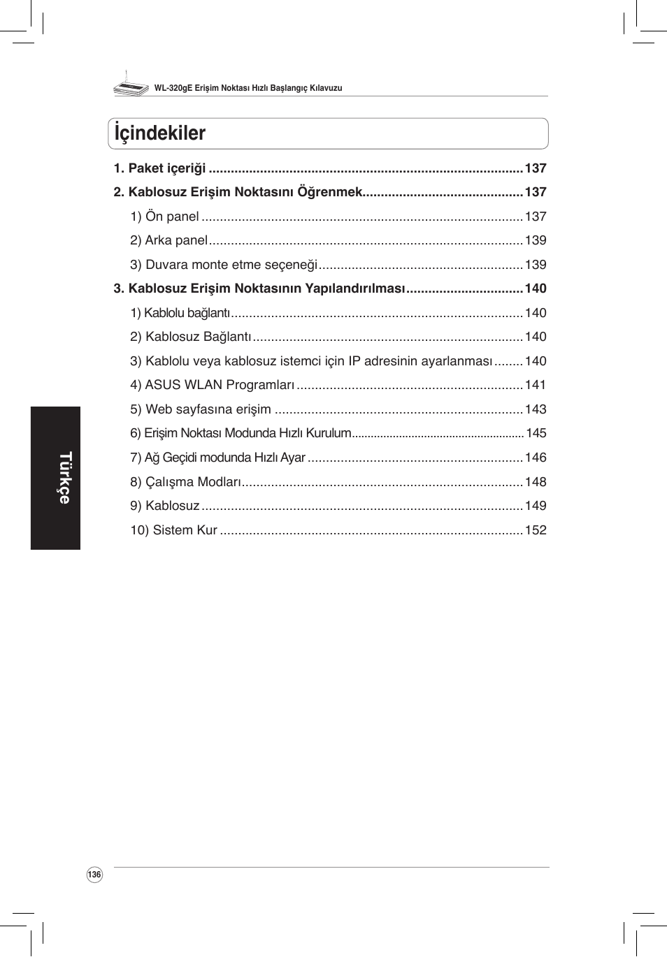 Içindekiler, Türkçe | Asus WL-320gE User Manual | Page 137 / 172