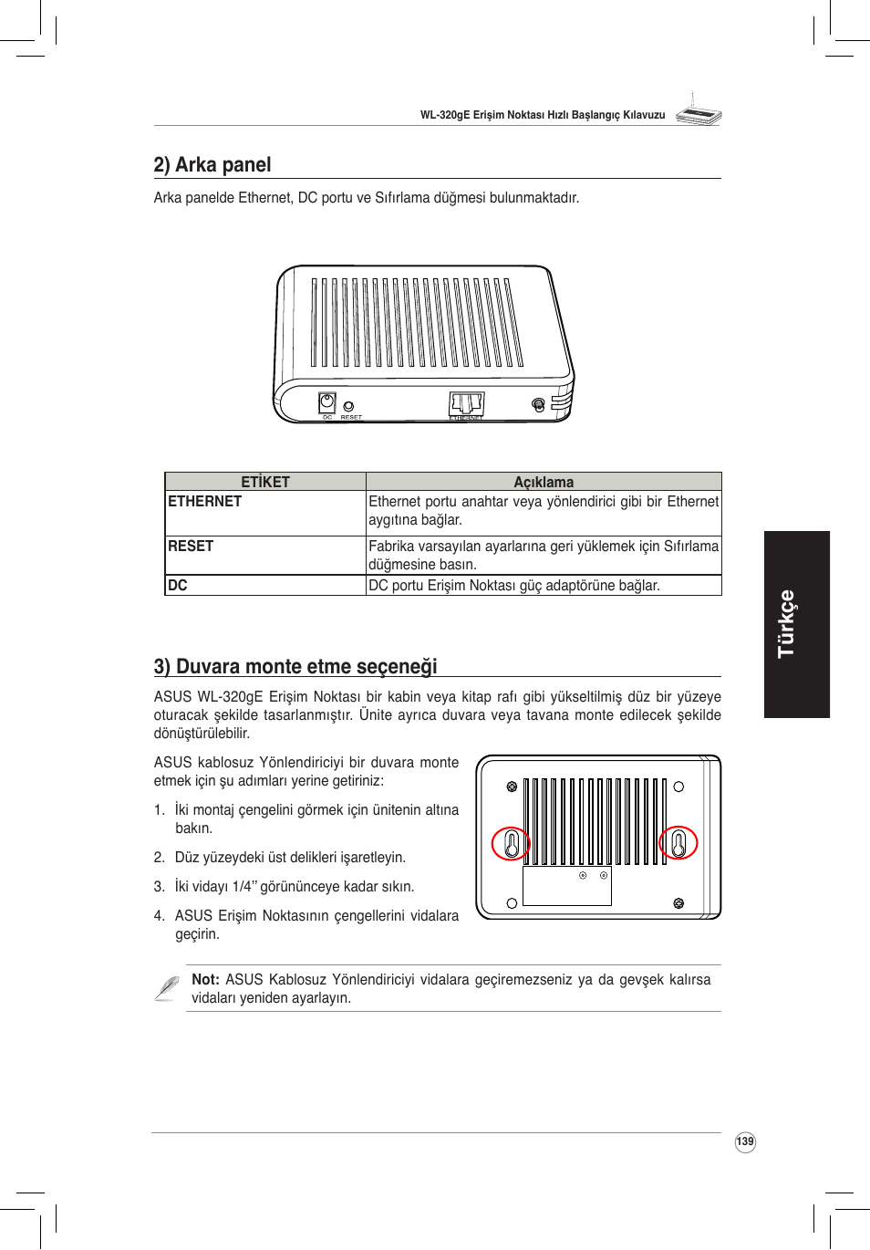 Türkçe 3) duvara monte etme seçeneği, 2) arka panel | Asus WL-320gE User Manual | Page 140 / 172