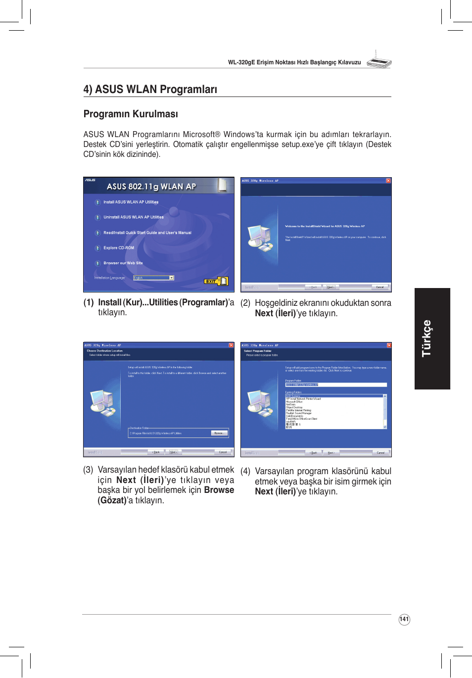 4) asus wlan programları, Türkçe 4) asus wlan programları | Asus WL-320gE User Manual | Page 142 / 172