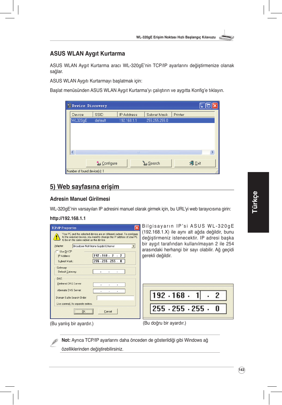 Türkçe, 5) web sayfasına erişim | Asus WL-320gE User Manual | Page 144 / 172