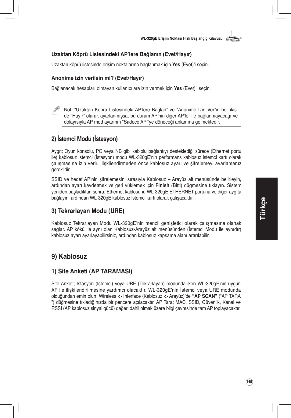 Türkçe, 9) kablosuz | Asus WL-320gE User Manual | Page 150 / 172