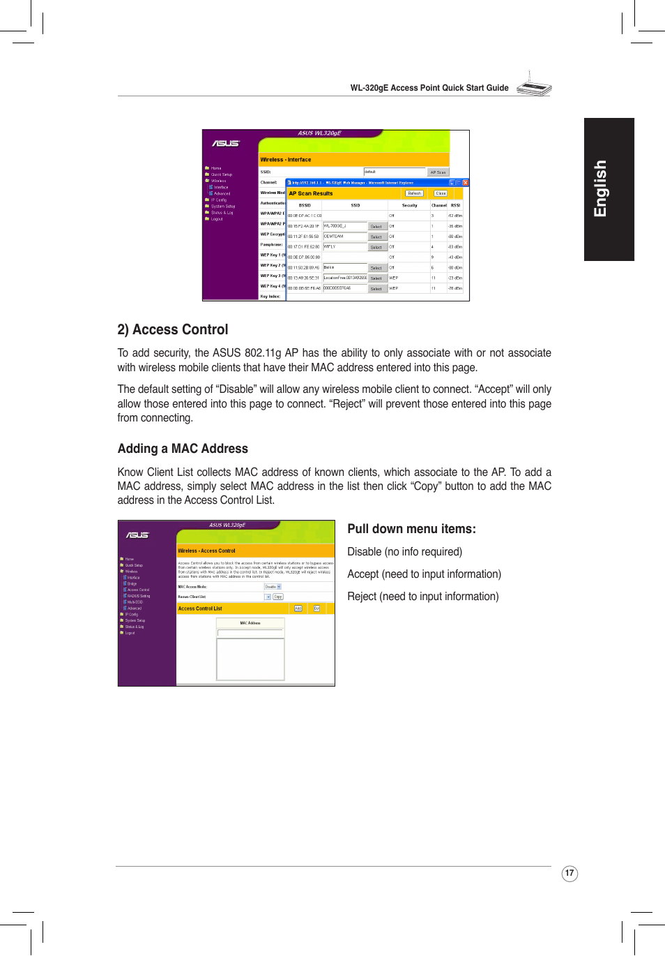 English, 2) access control | Asus WL-320gE User Manual | Page 18 / 172