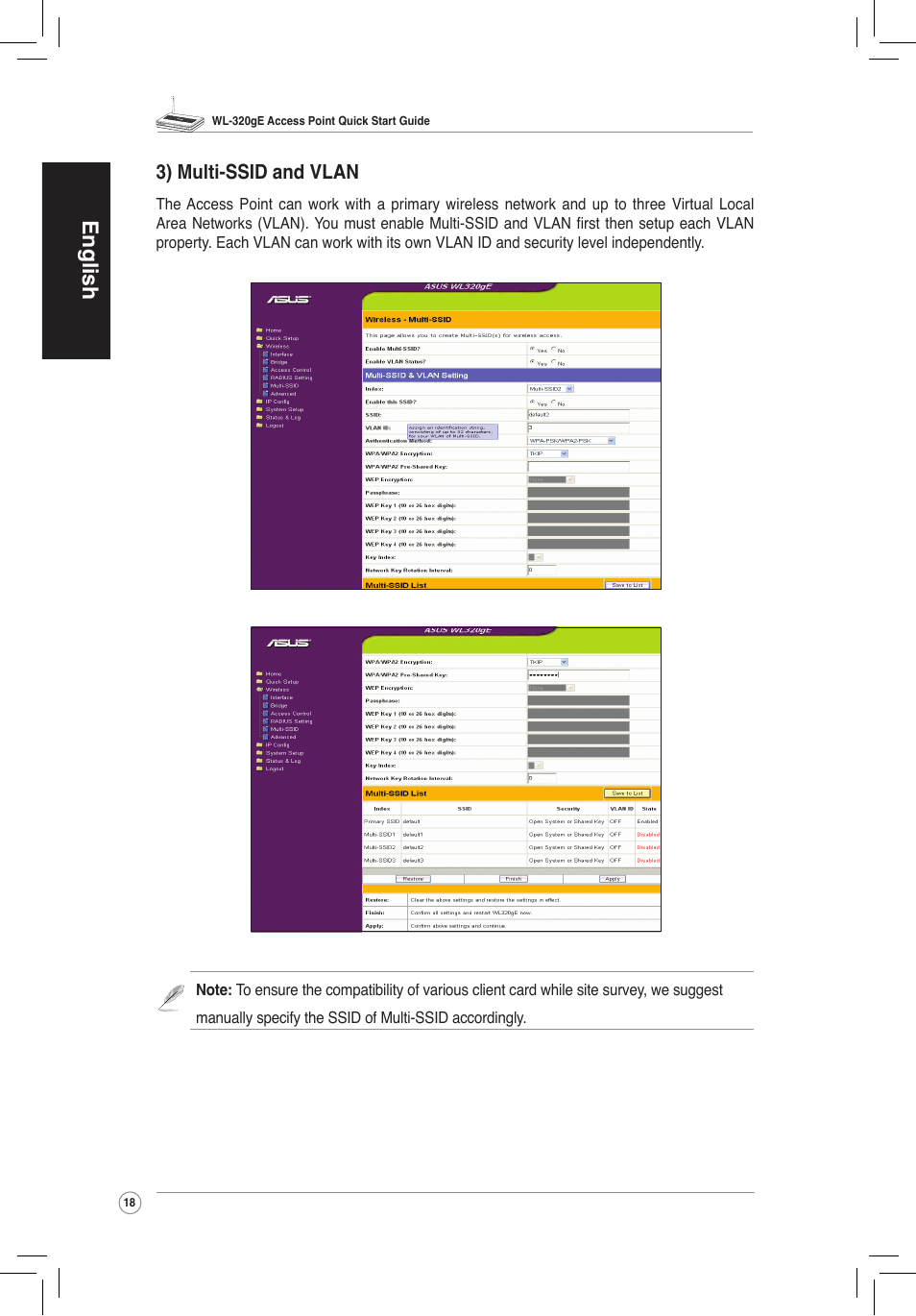 English, 3) multi-ssid an�� vlan | Asus WL-320gE User Manual | Page 19 / 172