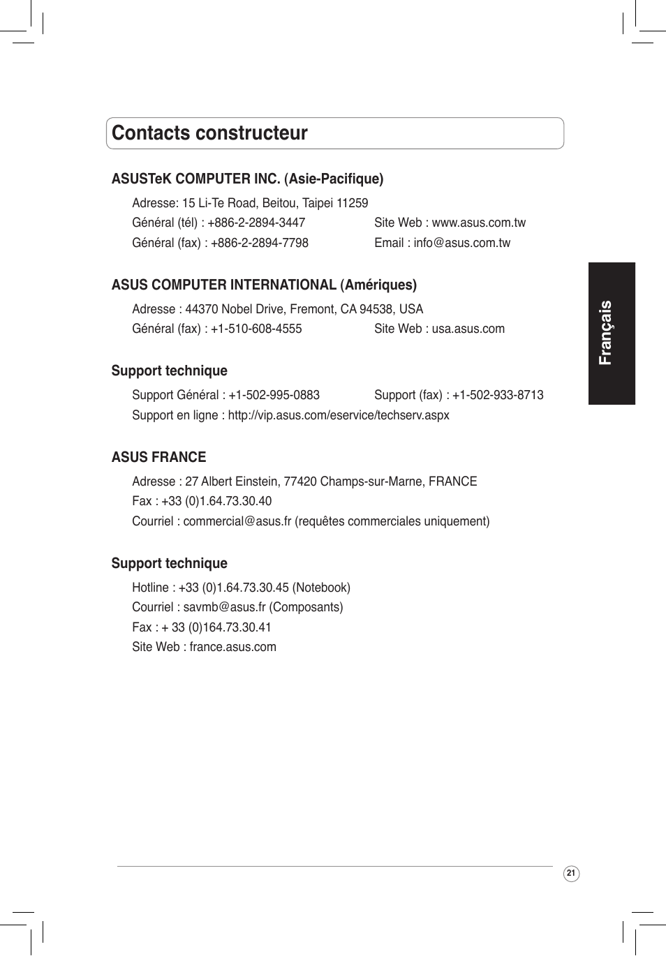 Contacts constructeur, Français | Asus WL-320gE User Manual | Page 22 / 172