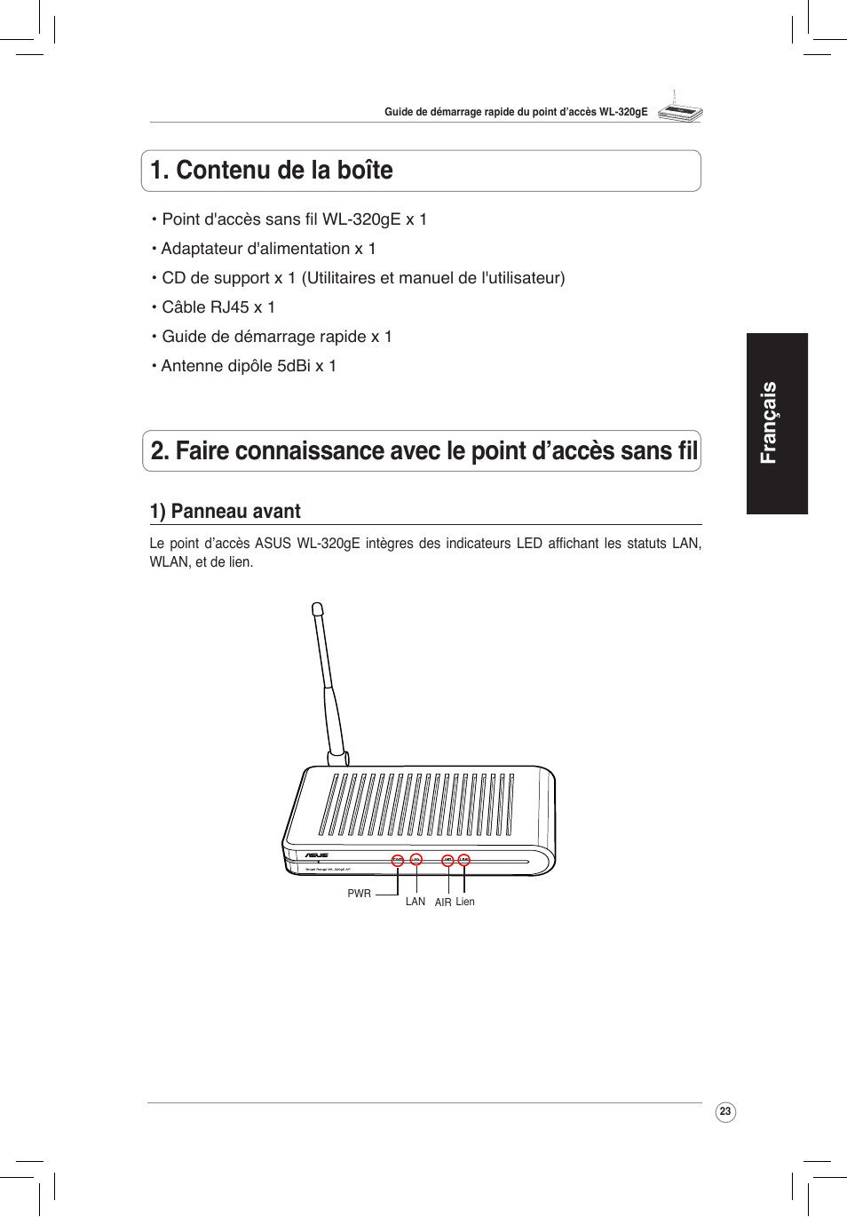 Contenu de la boîte, Faire connaissance avec le point d'accès sans fil, 1) panneau avant | Français 1) panneau avant | Asus WL-320gE User Manual | Page 24 / 172