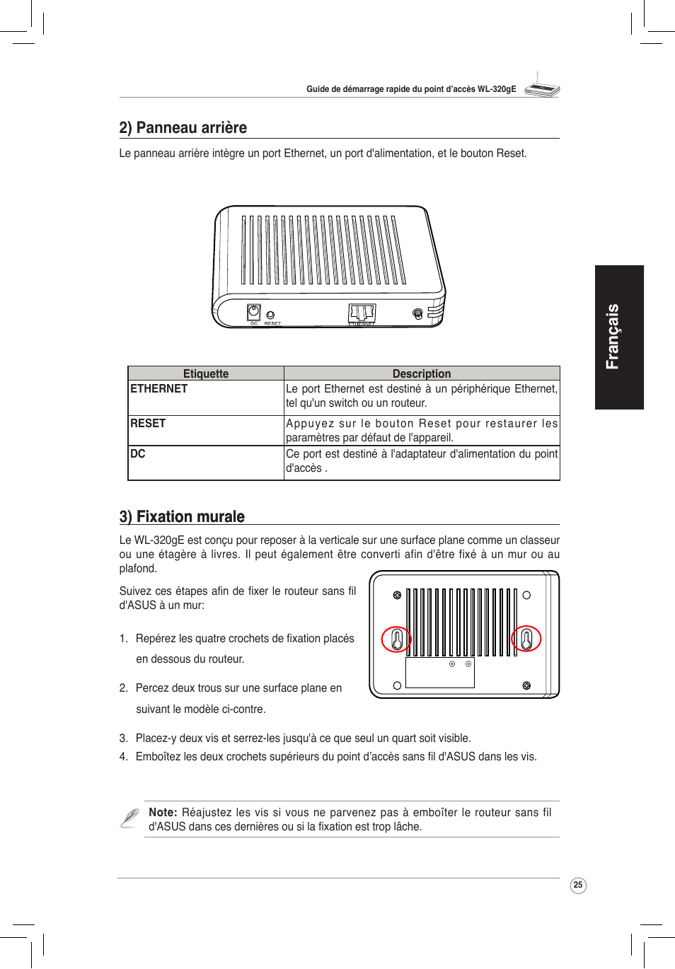 Français 3) fi�ation murale fi�ation murale, 2) panneau arrière | Asus WL-320gE User Manual | Page 26 / 172