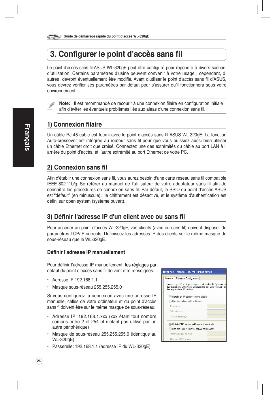 Configurer le point d'accès sans fil, Configurer le point d’accès sans fil, Français | 1) conne�ion filaire, 2) conne�ion sans fil | Asus WL-320gE User Manual | Page 27 / 172