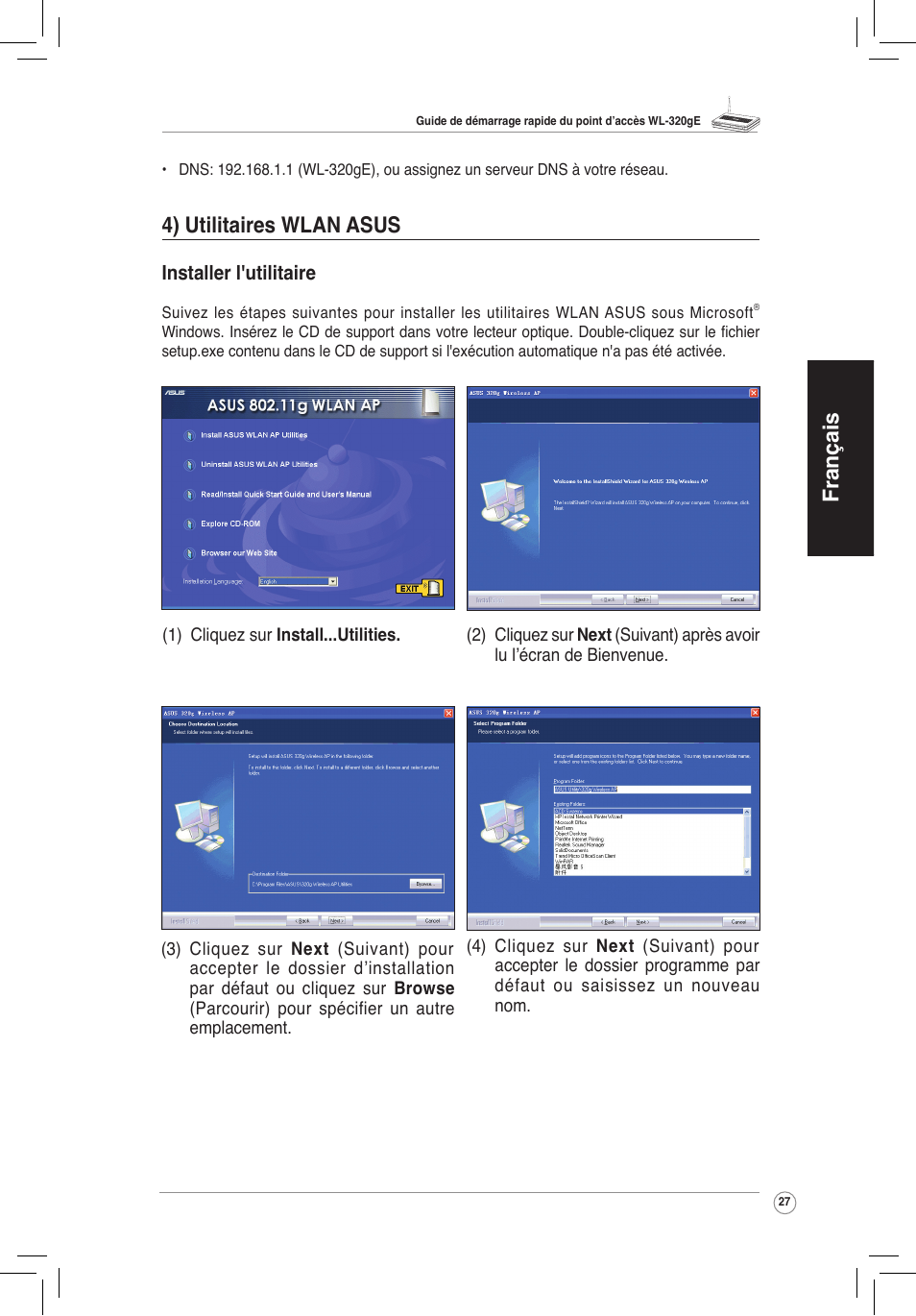 4) utilitaires wlan asus, Français | Asus WL-320gE User Manual | Page 28 / 172