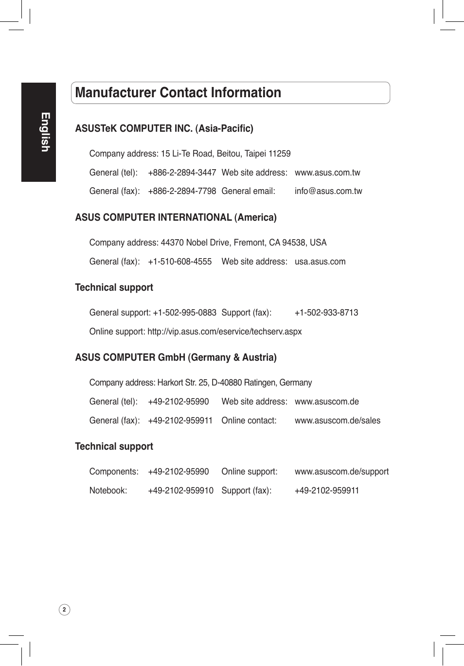 Manufacturer contact information, English | Asus WL-320gE User Manual | Page 3 / 172