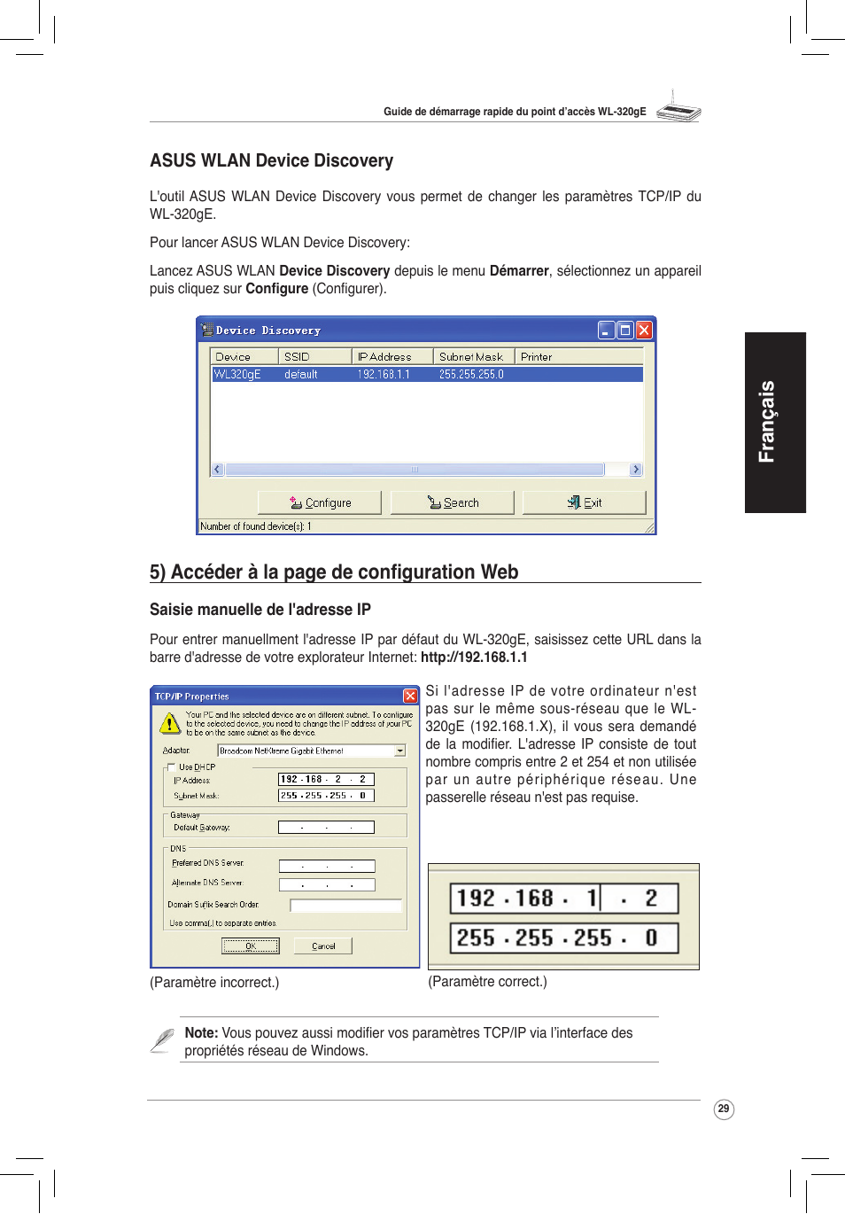 Français, 5) accéder à la page de configuration web, Asus wlan device discovery | Asus WL-320gE User Manual | Page 30 / 172