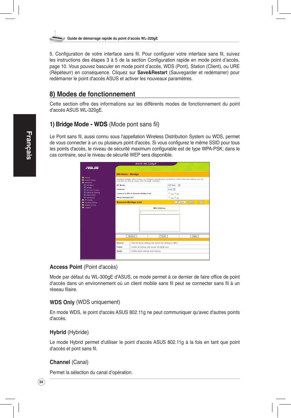 Français, 8) modes de fonctionnement | Asus WL-320gE User Manual | Page 35 / 172