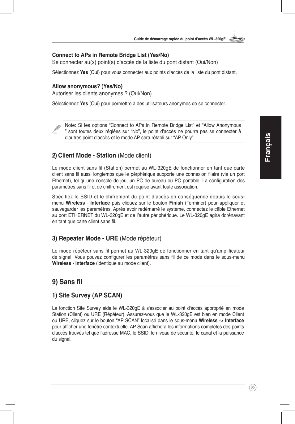 Français, 9) sans fil | Asus WL-320gE User Manual | Page 36 / 172