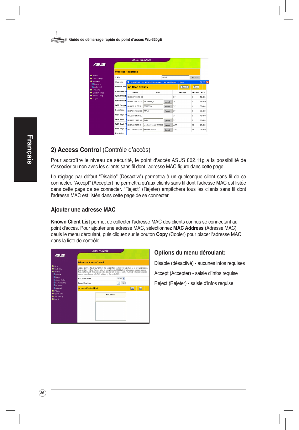 Français, 2) access control (contrôle d’accès) | Asus WL-320gE User Manual | Page 37 / 172