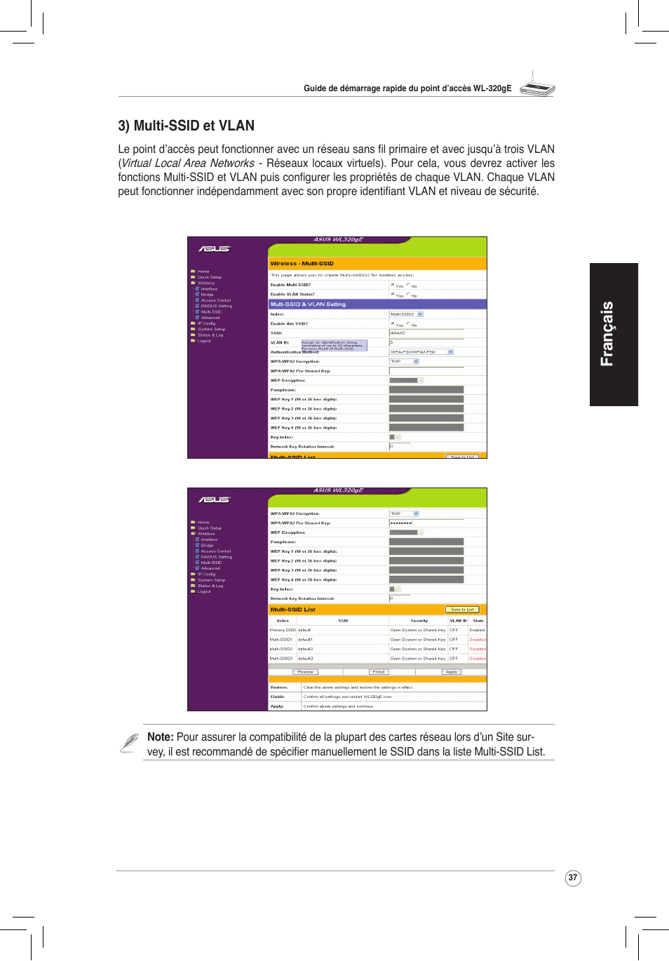 Français, 3) multi-ssid et vlan | Asus WL-320gE User Manual | Page 38 / 172