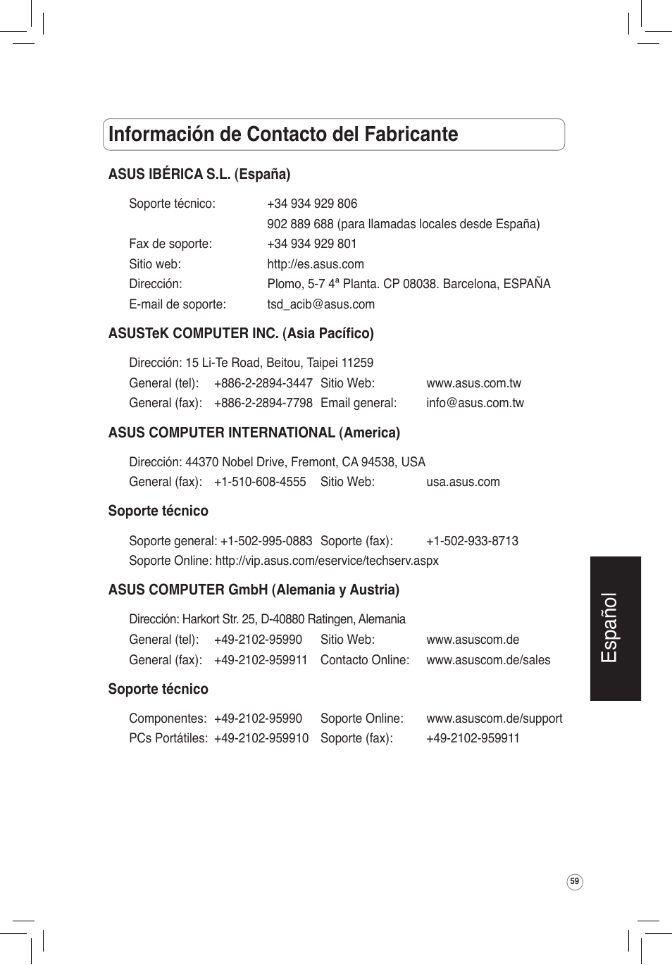 Información de contacto del fabricante, Español | Asus WL-320gE User Manual | Page 60 / 172