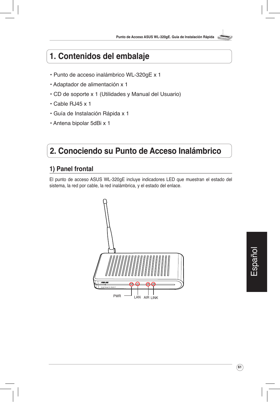 1) panel frontal, Español | Asus WL-320gE User Manual | Page 62 / 172