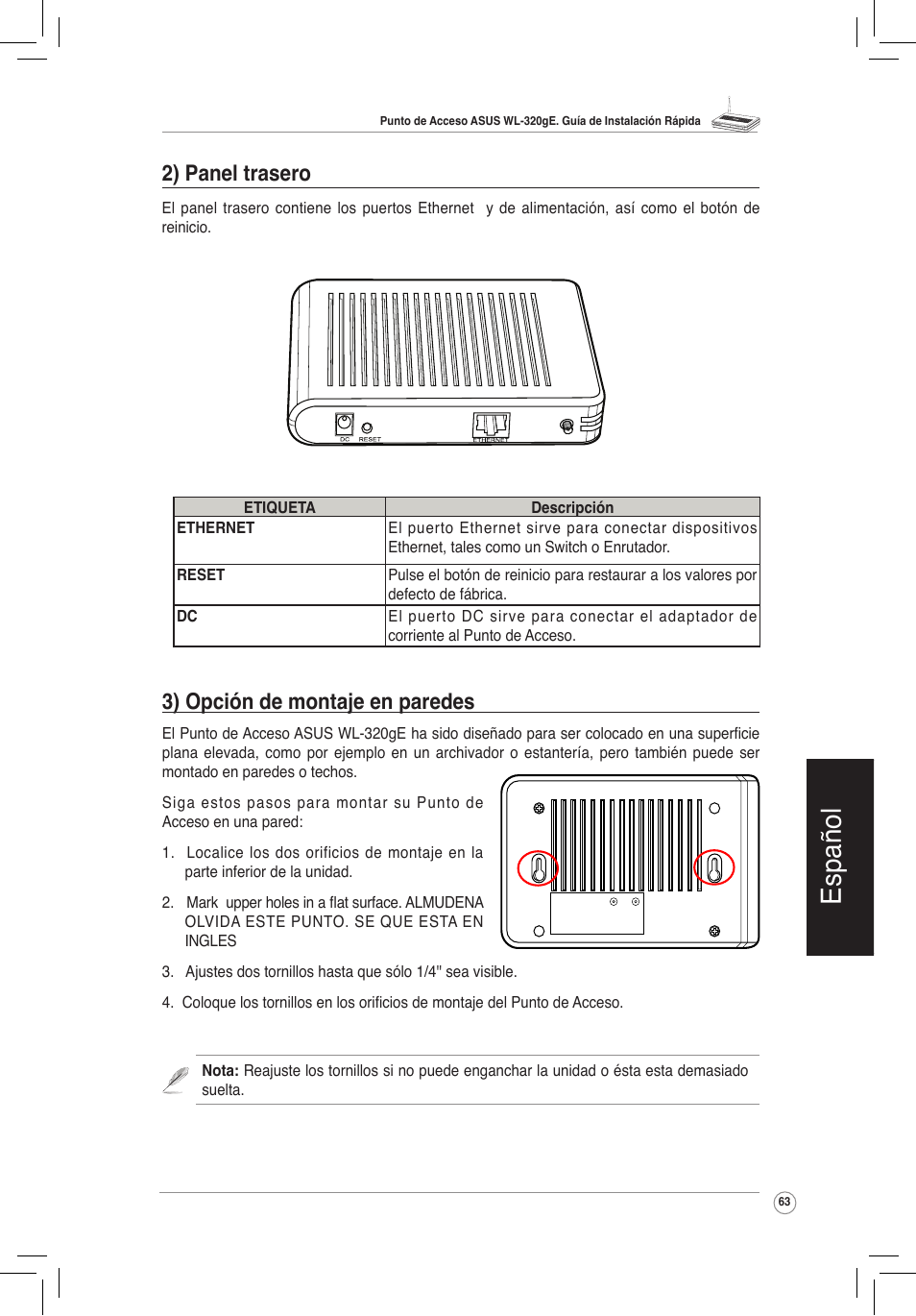 Español, 3) opción de montaje en paredes, 2) panel trasero | Asus WL-320gE User Manual | Page 64 / 172