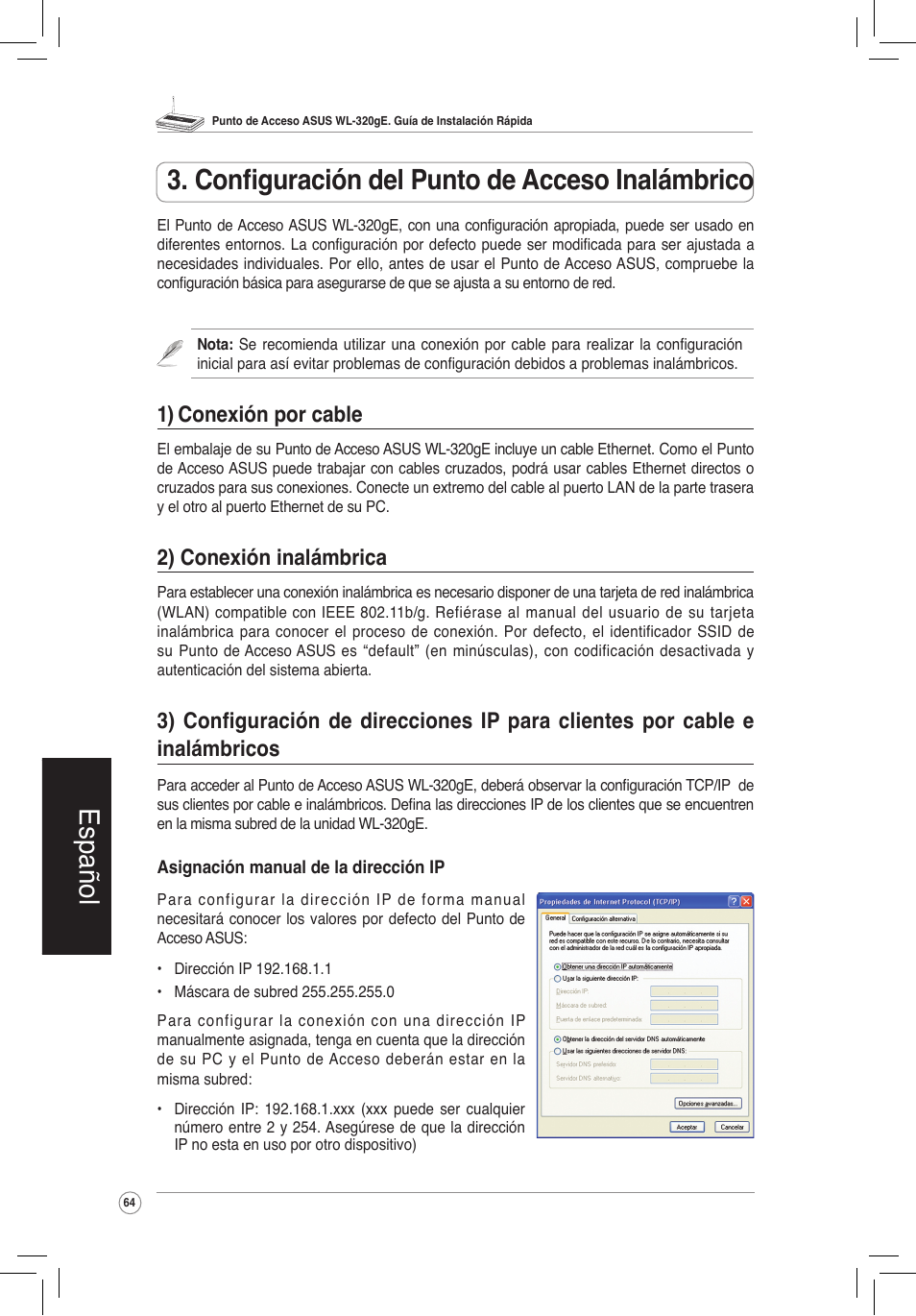 Configuración del punto de acceso inalámbrico, 1) conexión por cable 2) conexión inalámbrica, Español | 1) conexión por cable, 2) conexión inalámbrica | Asus WL-320gE User Manual | Page 65 / 172