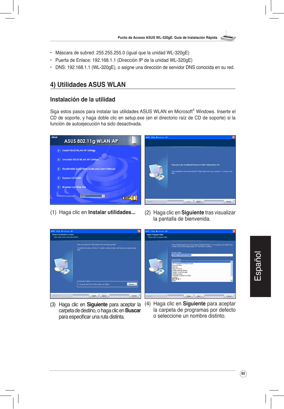 4) utilidades asus wlan, Español | Asus WL-320gE User Manual | Page 66 / 172