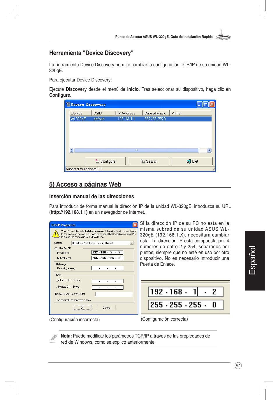 Español, 5) acceso a páginas web | Asus WL-320gE User Manual | Page 68 / 172