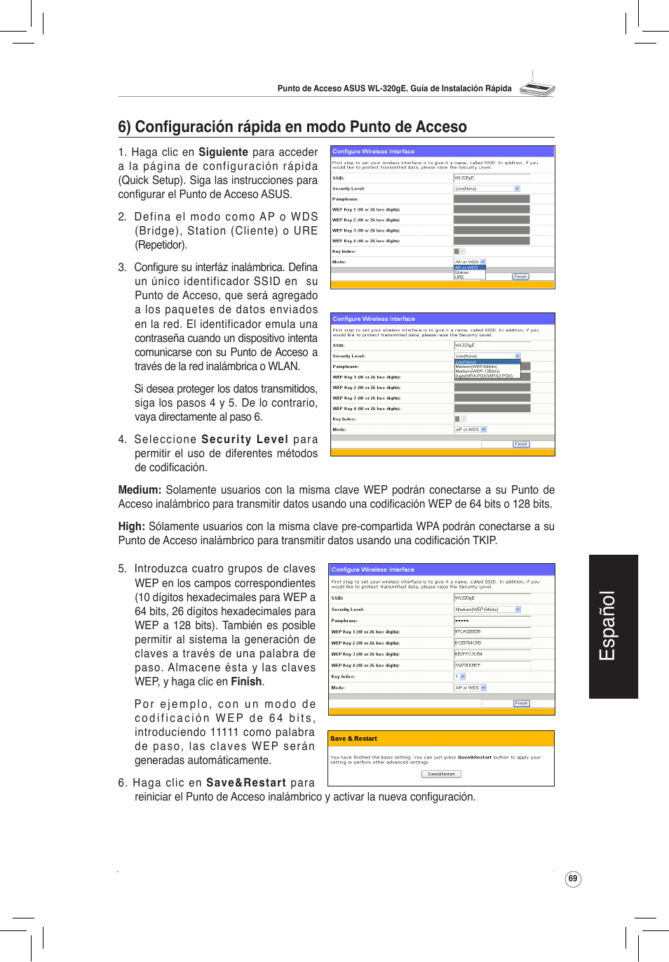 Español, 6) configuración rápida en modo punto de acceso | Asus WL-320gE User Manual | Page 70 / 172