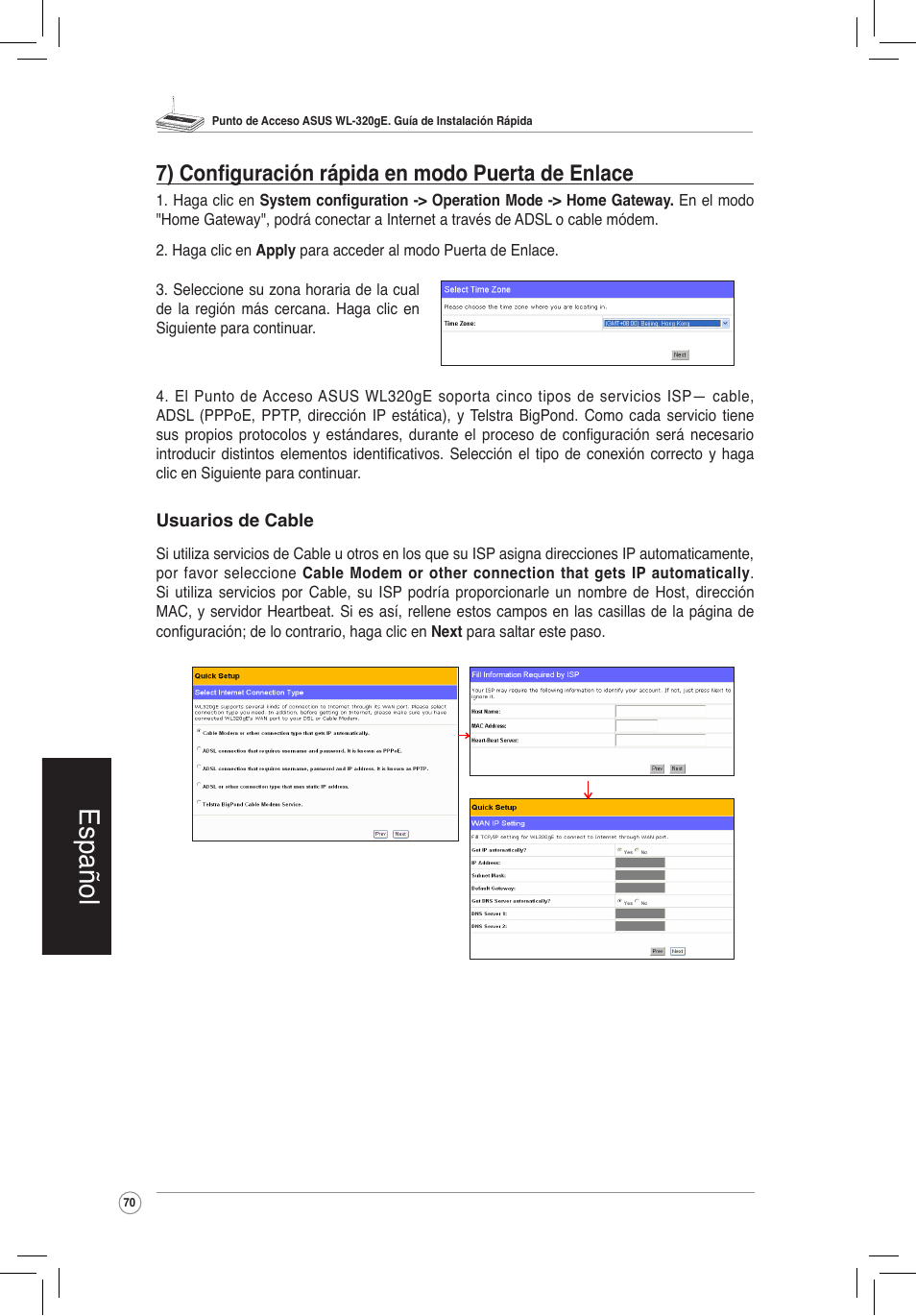 Español, 7) configuración rápida en modo puerta de enlace | Asus WL-320gE User Manual | Page 71 / 172