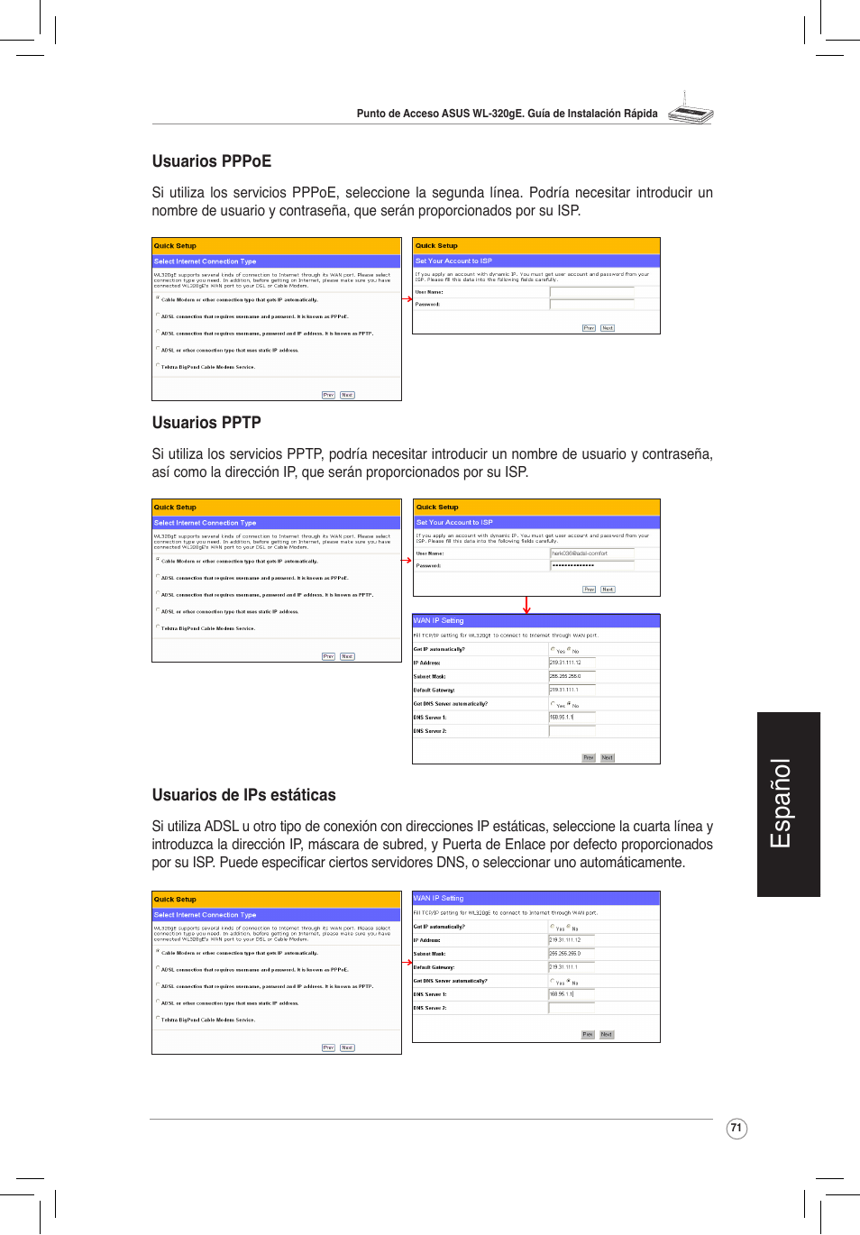 Español | Asus WL-320gE User Manual | Page 72 / 172