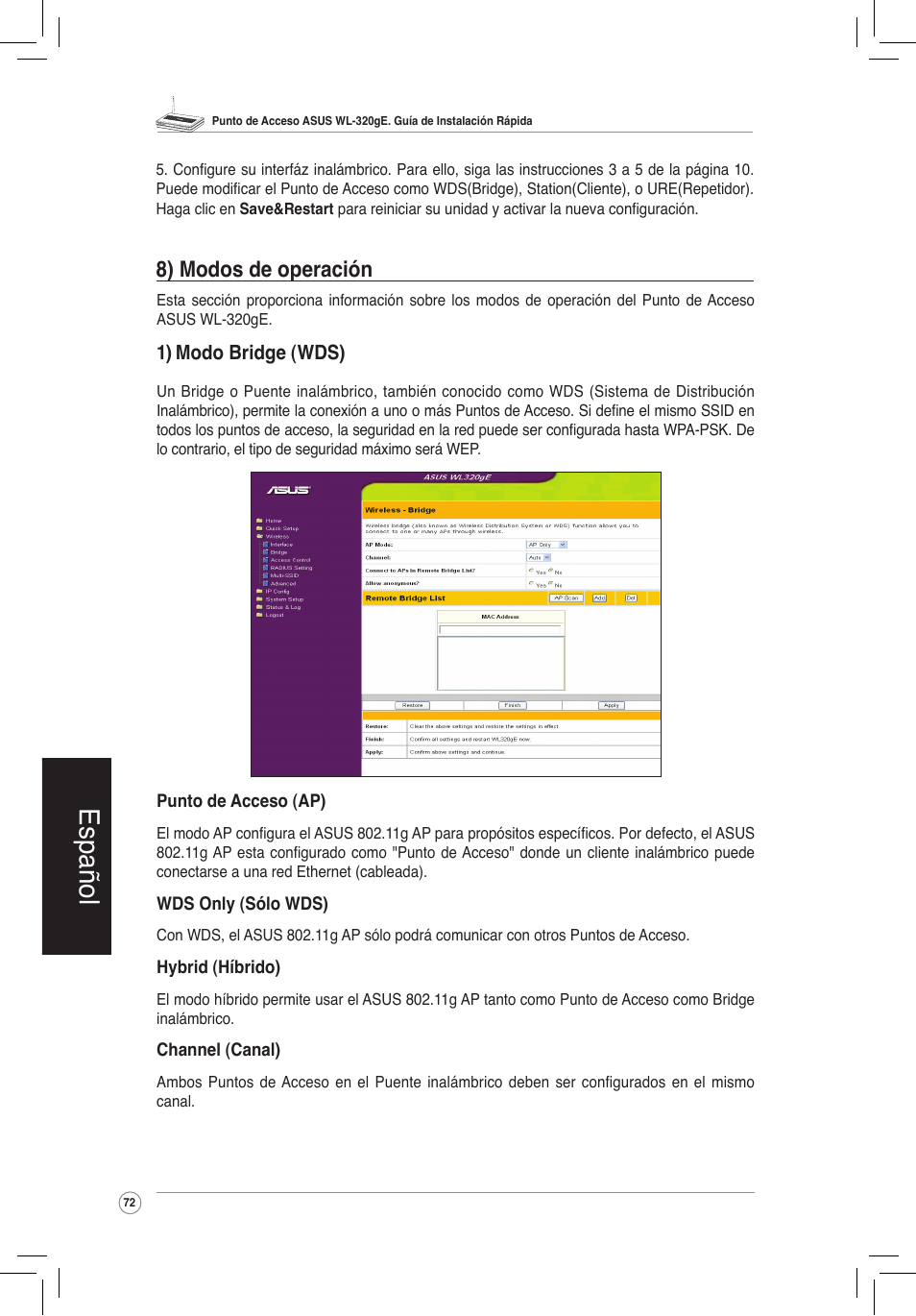 Español, 8) modos de operación | Asus WL-320gE User Manual | Page 73 / 172